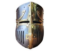 MZICXV Elmo medievale castigliano/Elmo a secchiello - Elmo crociato in acciaio indossabile con dettagli in ottone e fodera imbottita - Rievocazione storica e LARP