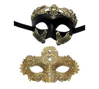 MZinge Set di 2 maschere in pizzo lucido con strass e antico, stile romano, greco, veneziano, per balli, Halloween, carnevale, matrimoni e feste in costume (nero oro)
