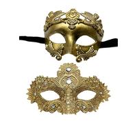 MZinge Set di 2 maschere per ballo in maschera, in pizzo lucido, strass e antico, stile romano, greco, veneziano, per balli, Halloween, carnevale, matrimoni e feste in costume (oro)