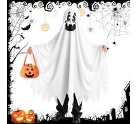 MZJAUVF Fantasma Costumi Halloween, Mantello Fantasma Bianco per Bambini con Sacchetto di Zucca, Costume da Fantasma per Halloween, Costumi Halloween Bambini per Cosplay, Carnevale(5-12Anni)