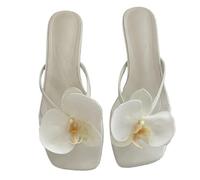 MZPOZB Sandali A Fiori Pantofole da donna con tacco basso e punta quadrata a forma di fiore Sandali casual alla moda Infradito estivi Scarpe(White,41)