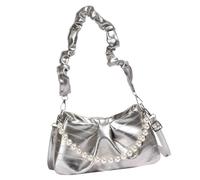 MZRAN Borsa a tracolla in pelle PU pieghettata moda donna borsa a tracolla con manico con perle borsa a tracolla regolabile borsa ascellare borsa shopping, Argento, One Size