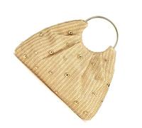 MZRAN Borsa di paglia alla moda decorata con accenti di perline e manico rotondo spaziosa borsa interna per vacanze o uso quotidiano Paglia con perline alla moda per l'uso quotidiano