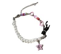 MZRAN Collana flessibile da polso con ciondolo a forma di gatto nero con perle e dettagli a stella, per adolescenti, versatile motivo stella e gatti