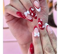 MZRAN San Valentino Press on Nails Mandorla Unghie Finte Punta Francese Con Archi 3D Cuore Disegni Full Covers Stick on Nails