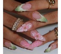 MZRAN Unghie eleganti Art Set Con French 3D Floral Designs Mandorla Press on Nails Acrilico Unghie Finte Manicure Per Le Donne 24Pcs