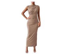 MZYFDC Abito Senza Maniche Vestito Aderente Arricciato Elegante da Donna, Taglie Forti, Stile Europeo, Sexy, Senza Maniche, a Strati, Elastico, Interno, Vestito da Festa, Abito Base(Khaki,XS)