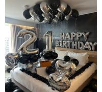 MZYI.LINGER 1050/21/200 pezzi decorazioni per feste con palloncini neri e argento, striscione argentato "Buon compleanno", palloncini in lattice argento cromato, palloncini a forma di cuore in lamina