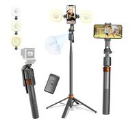 MZYSKJ Treppiede da 180,3 cm di altezza, robusto e a 360°, per iPhone e telefoni Android, con 2 luci, bastone per selfie Ai con telecomando, kit portatile per la creazione di contenuti per YouTube