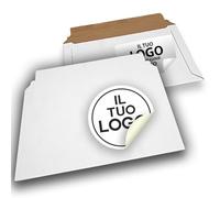 N. 25 Buste cartone rigido per spedizioni + N. 25 Adesivi PERSONALIZZATI Logo/Immagine/Testo - Chiusura con nastro adesivo - Buste postali rigide per spedizione (230x330 mm BIANCA)