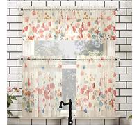 N° 918 Rosalind Set di tende da cucina con mantovana e balze semi-trasparenti, motivo floreale, acquerello, 137 x 61 cm, rosso papavero