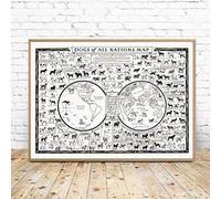 N / A Stampe Decorative su Tela Cani di Tutte Le Nazioni Mappa Stampe Cani Mappa del Mondo Wall Art Bambini Cani Art Room Decor Dog Calendar Map Poster Canvas Painting-50x70cm