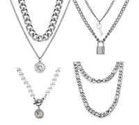 N-AA 4 Pezzi Punk Catena Ciondolo Collana, Ragazzo Collana con Pendenti Punk, Ciondolo Girocollo Catena Set, Punk Catena Punk Multistrato, Layered Chain Set di Collana per Uomo e Donna