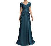 N/ C Abito per la Madre della Sposa e dello Sposo, con Scollo a V, in Pizzo, Applique, Manica Corta, Lungo, Formale, per Donna, Blu ottanio, 46