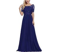 N/ C Abito per la madre della sposa e lo sposo, in pizzo con applicazioni, a manica corta, lungo, elegante, da sera, per donne, Blu reale, 44