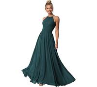 N/ C Halter lunghi abiti da damigella d'onore chiffon una linea pieghettata abiti da ballo con tasche C016, Pavone, 38