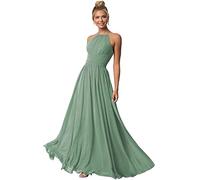 N/ C Halter lunghi abiti da damigella d'onore chiffon una linea pieghettata abiti da ballo con tasche C016, Salvia polverosa., 40