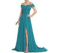 N/ C Madre della sposa abiti da sposa applique in pizzo perline fuori spalla spaccato lungo formale abiti da sera, Turchese, 52