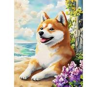 N.LANSHAN 11CT Animale Kit Punto Croce Ricamo Cane Akita Da Spiaggia Kit Schemi Punto Croce Set Ricamo Stampato，Artigianato Ricamo Arte Per Arredamento Casa 80x100cm