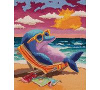 N.LANSHAN Diy Tappeto Annodare Fai Da Te Kit Delfini Dei Cartoni Animati Sulla Spiaggia Kit Per Tappeti Con Gancio Per Principianti，Set Per Ricamo，Kits Artigianali 3D，Decorazione 55x75cm