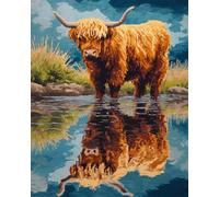 N.LANSHAN Kit Tappeto Fai Da Te Animali Bovini Delle Highlands In Acqua Set Per La Realizzazione Di Tappeti Fai Da Te，Kit Per Punto Croce，Creazione Di Arazzo，Ricamo Per Principianti，Decorazio 55x75cm