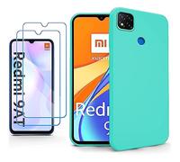 N NEWTOP Kit Cover + 2 Pellicole Compatibile per Xiaomi Redmi 9C, Custodia TPU Soft Gel Silicone Ultra Slim Sottile Flessibile Case Posteriore Protezione Completa Vetro Temperato Glass (Turchese)