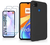 N NEWTOP Kit Cover + 2 Pellicole Compatibile per Xiaomi Redmi 9C, Custodia TPU Soft Gel Silicone Ultra Slim Sottile Flessibile Case Posteriore Protezione Completa Vetro Temperato Glass (Nero)
