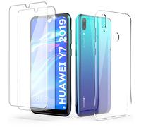 N NEWTOP Kit Cover Compatibile con Huawei Y7 2019 + 2 Pezzi Pellicola Vetro Temperato Proteggi Schermo Display Custodia TPU Silicone Anti Urto Trasparente Slim Sottile Case Protettiva