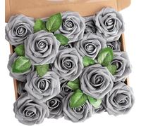 N&T NIETING Fiori Artificiali, Rosa Artificiali 25 Pezzi Schiuma Teste di Rose Finte Aspetto Reale con Foglia e Gambo Regolabile per DIY Matrimoni Mazzi Nuziale Festa Casa Stanza Decorazioni (Grigio)