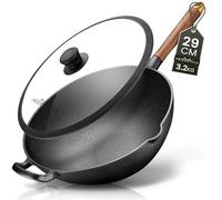 na Friedewald - Wok in ghisa con coperchio, adatto a piani cottura a induzione, 29 cm, 4 l, adatto a tutti i piani cottura, grande padella da griglia e cottura, rivestimento antiaderente (29 cm)