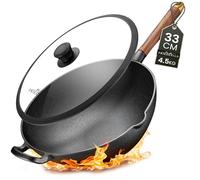 na Friedewald - Wok in ghisa con coperchio, adatto a piani cottura a induzione, 33 cm, 5 l, adatto a tutti i piani cottura, grande padella da griglia e cottura, rivestimento antiaderente