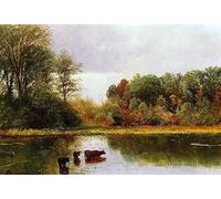 NAAYRASA Dipinti Famosi Dipinti ad Olio su Tela Poster Parete Quadri Vacas regando en un paisaje de Albert Bierstadt per L'arredamento Della Camera da Letto 60x90cm
