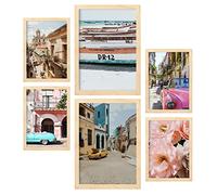 Nacnic - 6 Pack di poster della città di Cuba - Poster decorativi da parete - Paesaggio, spiaggia, estate cubana - A3 e A4 - Con cornici in legno chiaro..