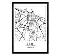 Nacnic Art Print Mappa della città di Bari in stile nordico in bianco e nero. Poster formato A3 Incorniciato con Cornice Nera Carta Stampata 250 gr.