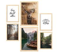 Nacnic - Confezione da 6 stampe fotografiche decorative - Arte da parete con foresta, natura e montagna - Decorazione murale moderna - A3 e A4. Con cornici in legno chiaro.