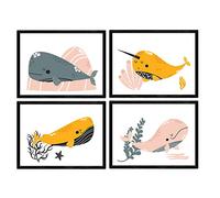 Nacnic Confezione Quattro manifesti con Le Illustrazioni di Balene. Fogli con Le Immagini di Balene per Bambini. Balene nel Mare Grigio Arancio e Rosa. A4 Senza Cornice