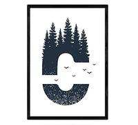 Nacnic Lettera C con foresta e uccelli. Natura.Posti di lettere con design. Dimensione A4 con telaio