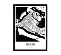 Nacnic Poster mappa di Abu Dhabi - Emirati Arabi Uniti. Fogli di città mediorientali con mari e fiumi in nero. Dimensione A3 con telaio
