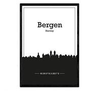 Nacnic Poster mappa di Bergen - Norvegia. fogli Skyline con le città del nord Europa con ombra nera. formato A3