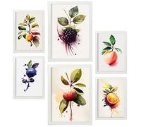 Nacnic Posters di Bacche e Pesche. Stampe di Frutta, Verdura e Cibi Sani in Stile Acquerello su Sfondi Bianchi Puri. Progettazione e decorazione d'interni. A4 & A3 Cornici bianche.