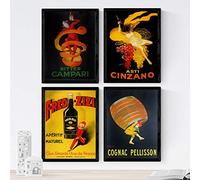 Nacnic Posters Vintage. Posters con anuncios Antiguos. Cuatro Carteles Vintage de Bebidas alcohólicas. Campari, Cinzano, Cognac. Tamaño A4 con Marco