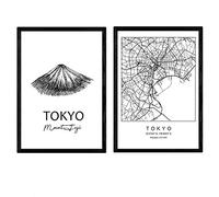 Nacnic set 2 Stampe artistiche cartina geografica della città di Tokyo, isola giapponese. Mappa della città dell'arte, stile nordico in bianco e nero.