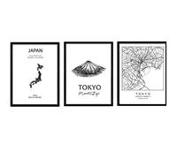 Nacnic set 3 Stampe artistiche cartina geografica della città di Tokyo, isola giapponese. Mappa della città dell'arte, stile nordico in bianco e nero.