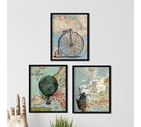 Nacnic Set 3 Stampe artistiche con Immagini di Bici d'Epoca Mongolfiera e Albero Maestro di Un veliero su Sfondo di cartine geografiche di Europa e Africa. 250 Grammi di Alta qualità.