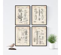 Nacnic set 4 stampe artistiche brevetti di attrezzi meccanici (chiave, calibro, punta trapano e martello) sfondo vintage. Disegno d'igegneria, vecchie invenzioni e brevetti. Decorazione domestica.
