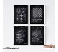 Nacnic set 4 stampe artistiche sfondo nero con rappresentazione progetti di giochi da tavolo. Rappresentazione di dama, brevetto giocattoli d'epoca. Decorazione domestica.