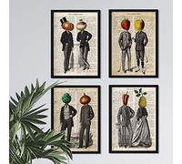 Nacnic set 4 stampe artistiche vintage, collage con persone, frutta, verdure e ortaggi. Sfondo foglio di giornale con varie definizioni in lingua spagnola: frutta, verdura e dieta mediterranea.
