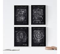 Nacnic Set 4 stampe artistiche vintage Nero, brevetto giradischi vinile. Invenzioni del XIX secolo e vecchi brevetti.. Oggetti antichi e d'antiquariato. 250 Grammi di Alta Qualità.