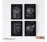 Nacnic set 4 stampe artistihe brevetti strumenti musicali sfondo nero, (armonica, tamburo, chitarra, grammofono). Disegno strumenti musicali, vecchie invenzioni e brevetti. Decorazione domestica.