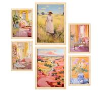 Nacnic Set da 6 Bellezza di campagna Manifesti. In Stile eclettico. Dipinti decorativi estetici per il tuo soggiorno, camera da letto, casa Dimensioni A4 e A3 con cornici Lightwood